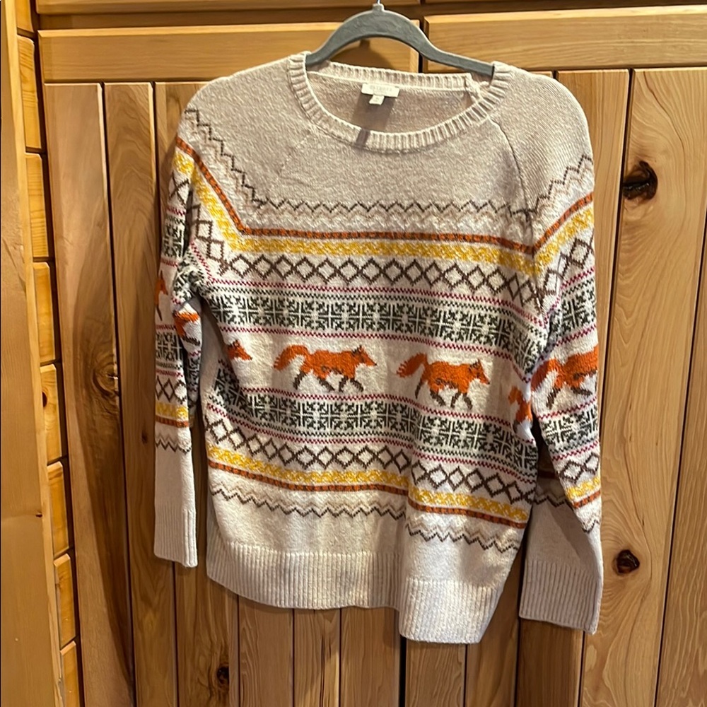 Talbots Gray and Orange Crew Neck Sweater with Fair Isle Design